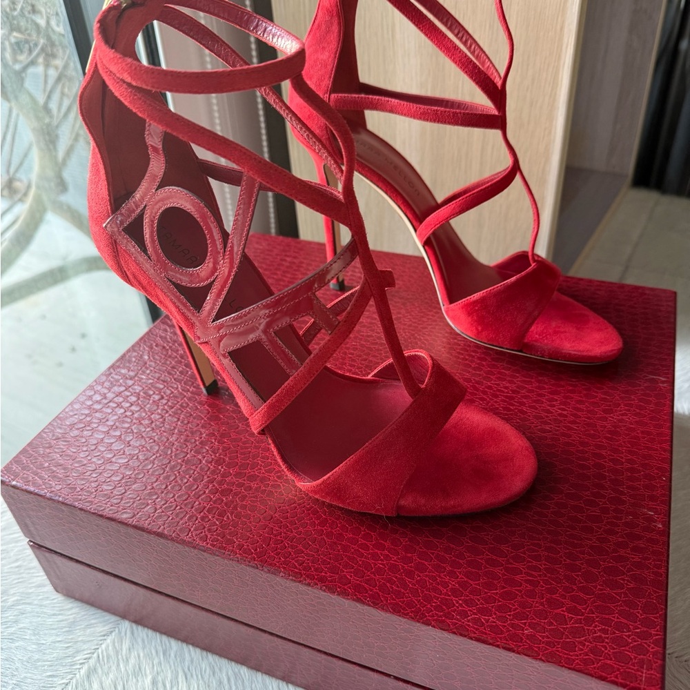 Tamara Mellon Red LOVE Suede Strappy High Heel Sandals